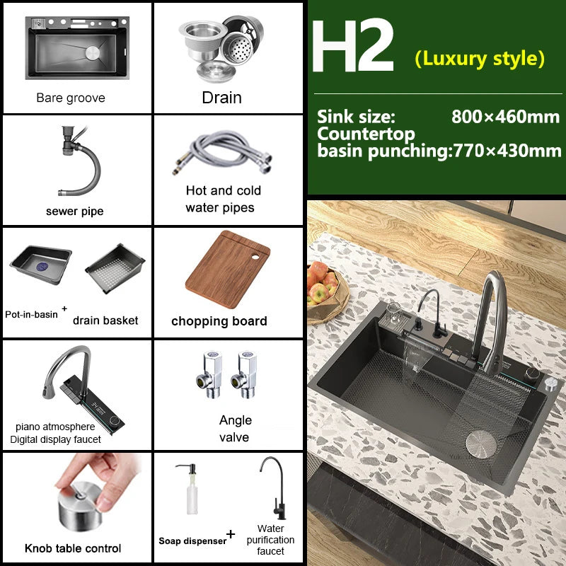 Telisiya Stainless Steel Waterfall Single Bowl Kitchen Sink Display