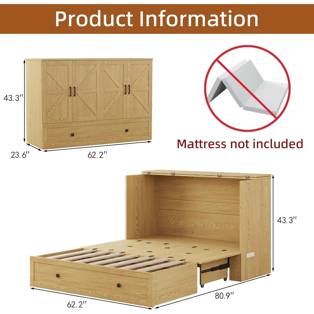 Foldable Wooden Murphy Bed With Charging Station And Storage