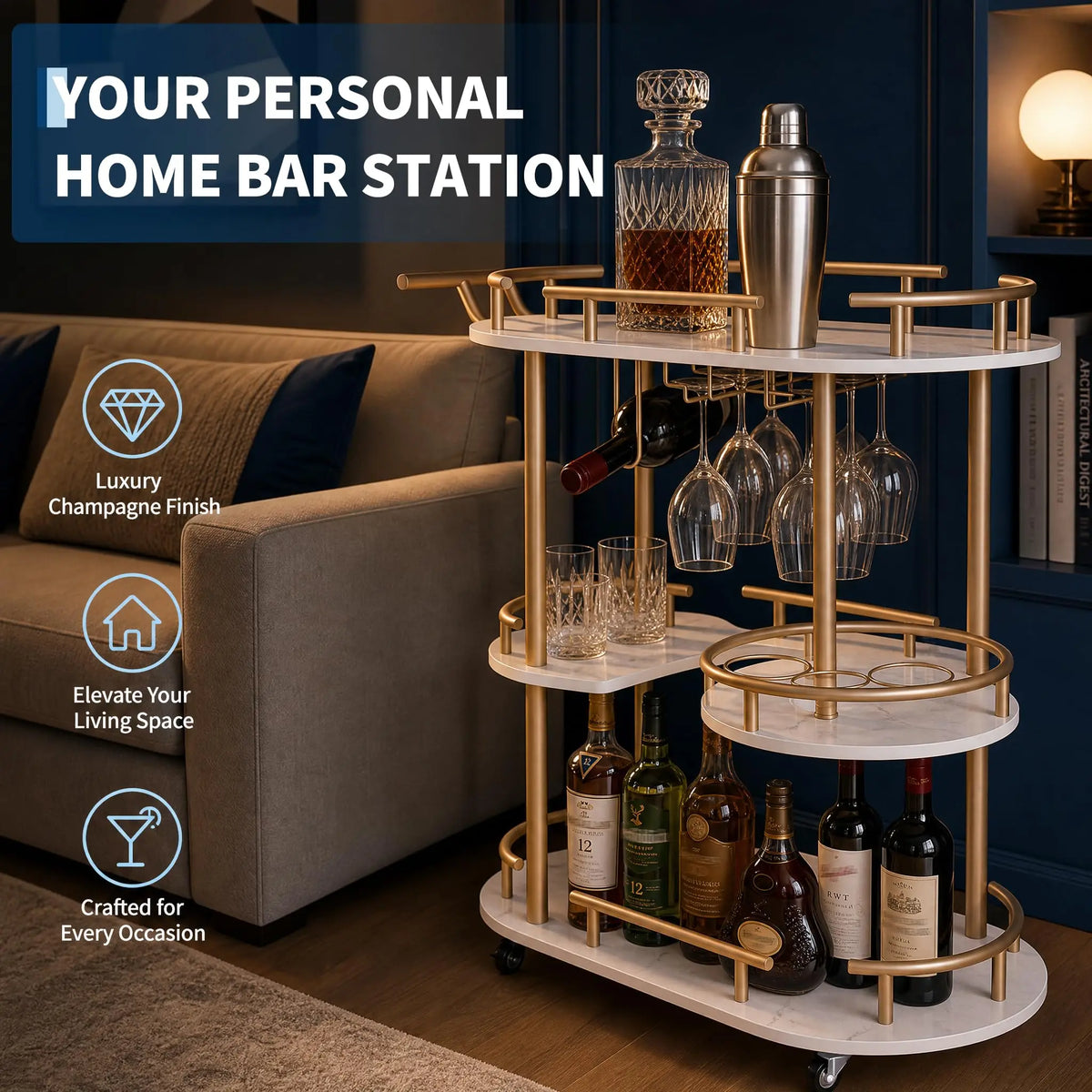 HiMISS Three Tier Metal Rolling Bar Cart With Wine Rack