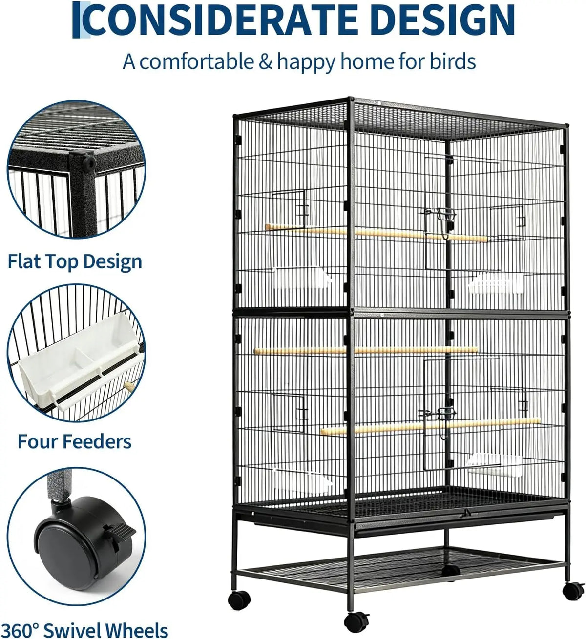 HiMISS Bird Cage With Rolling Stand And Feed Bowls