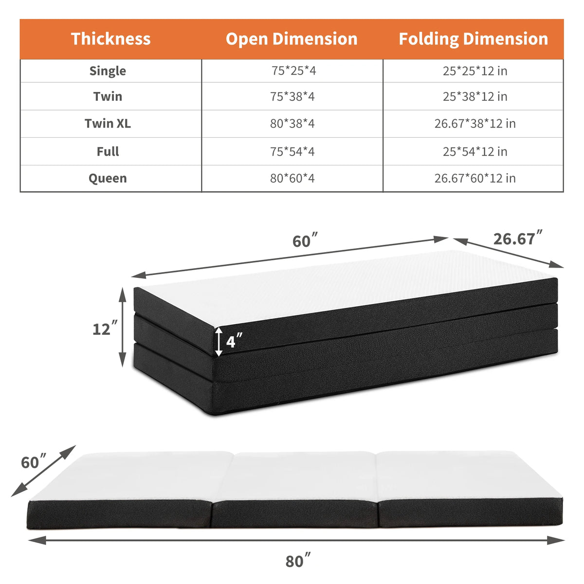 JHK Tri-Fold Memory Foam Mattress With Washable Cover CertiPUR-US Certified