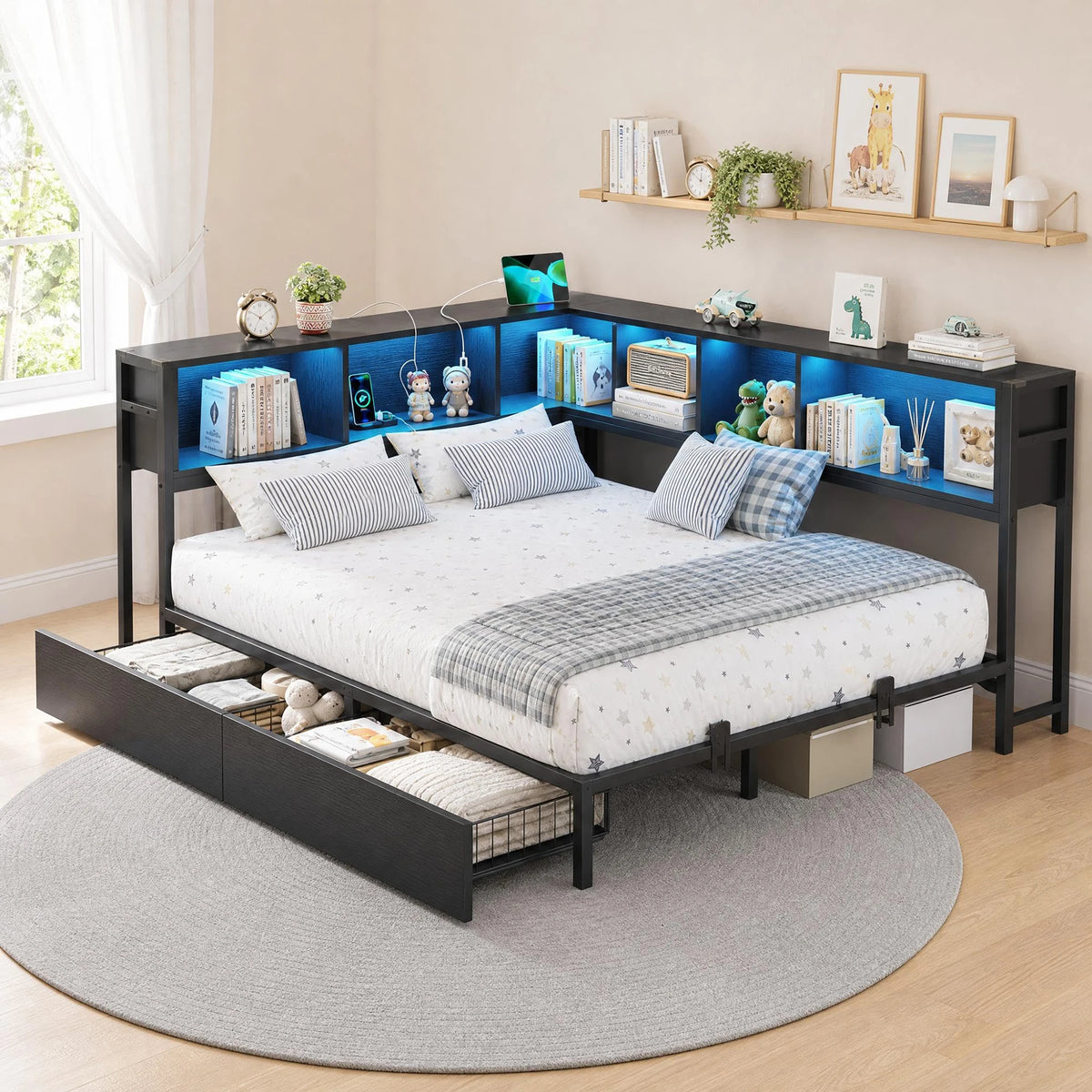 HiMISS Corner Bed Frame With Bookcase Headboard And LED Storage