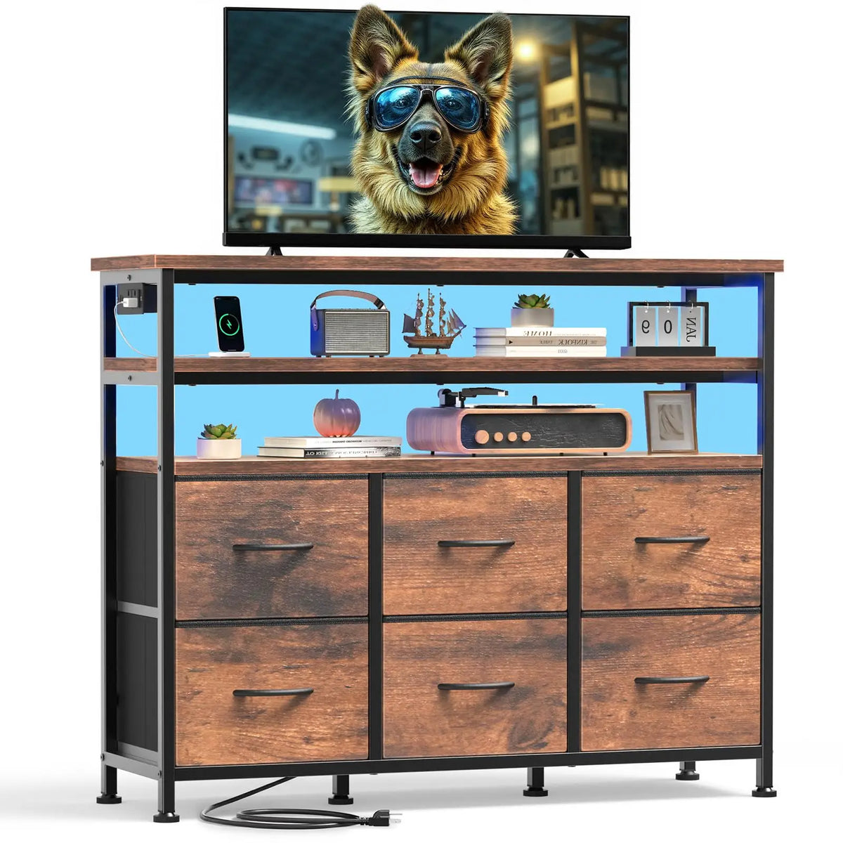 JHK TV Console With Six Fabric Drawers And Storage Shelf