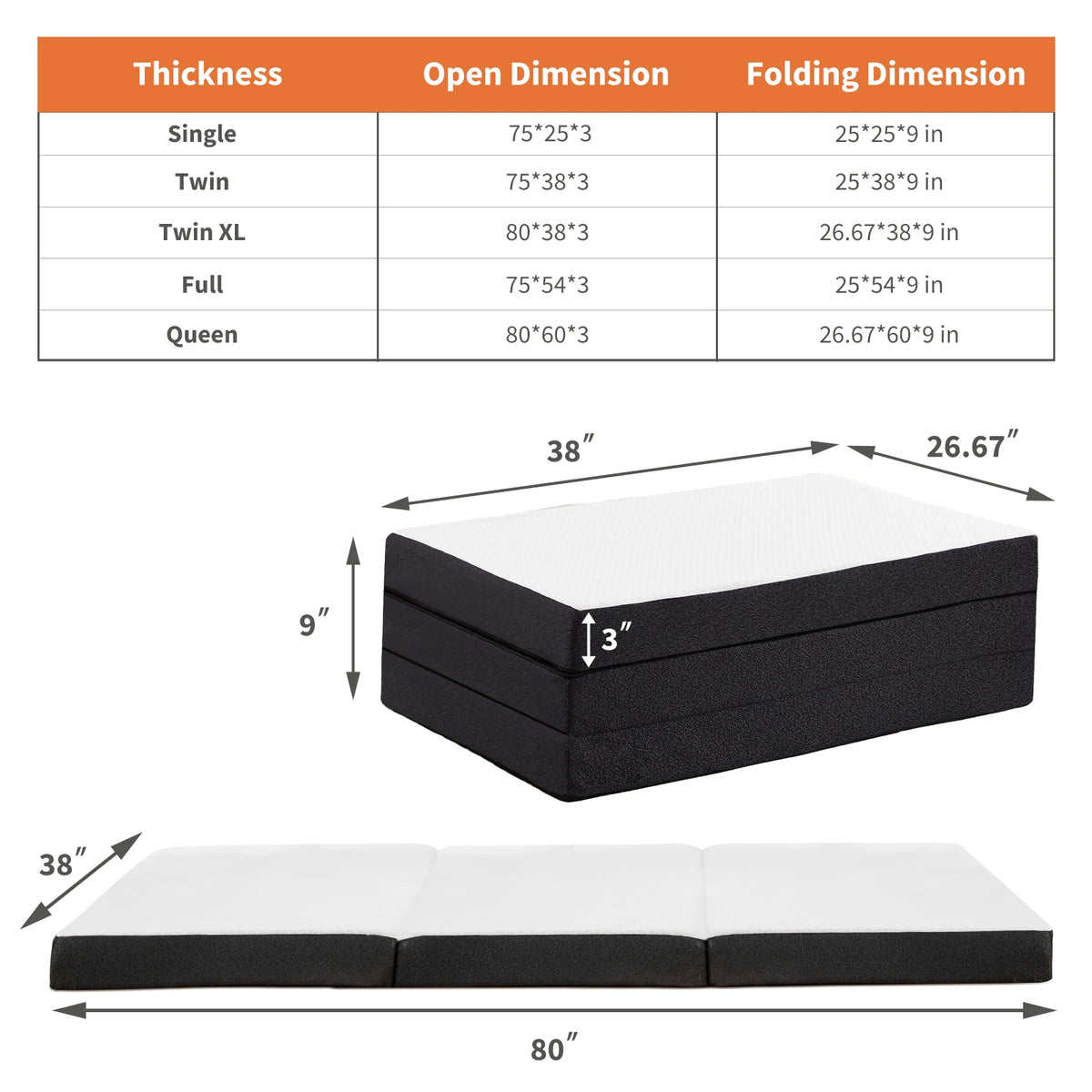 JHK Tri-Fold Memory Foam Mattress With Washable Cover CertiPUR-US Certified