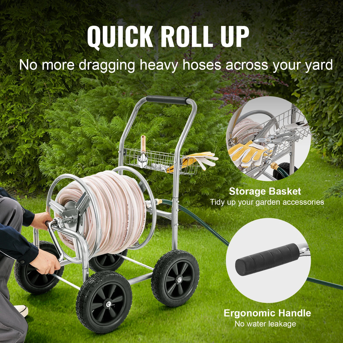 SucceBuy Heavy Duty Steel Garden Hose Reel Cart With Basket