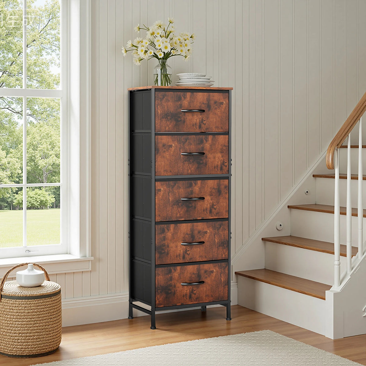 JHK 5 Drawer Fabric Dresser Steel Frame Bedroom Storage Unit