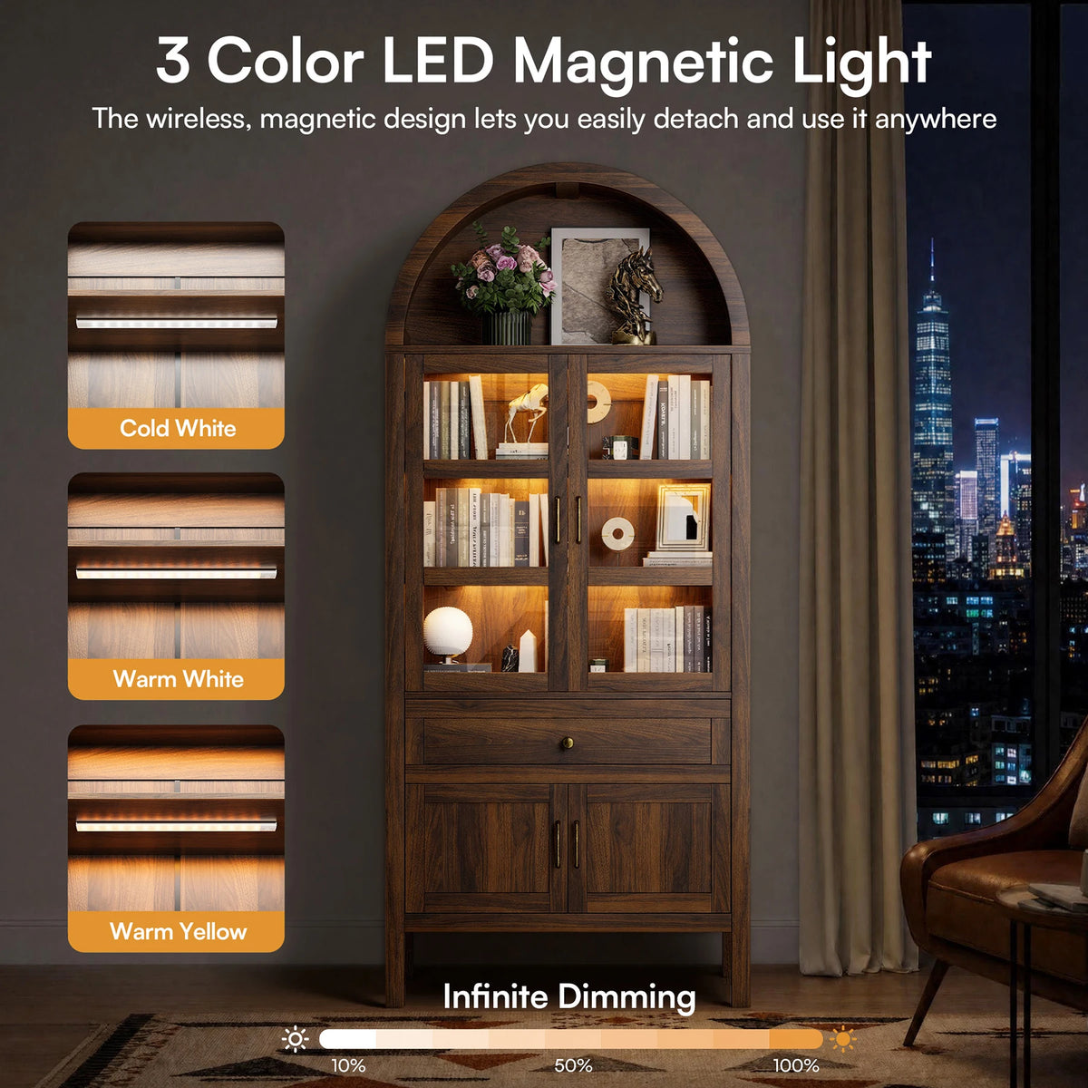 Cottinch Arched Wooden Storage Cabinet With Dimmable Led Shelves