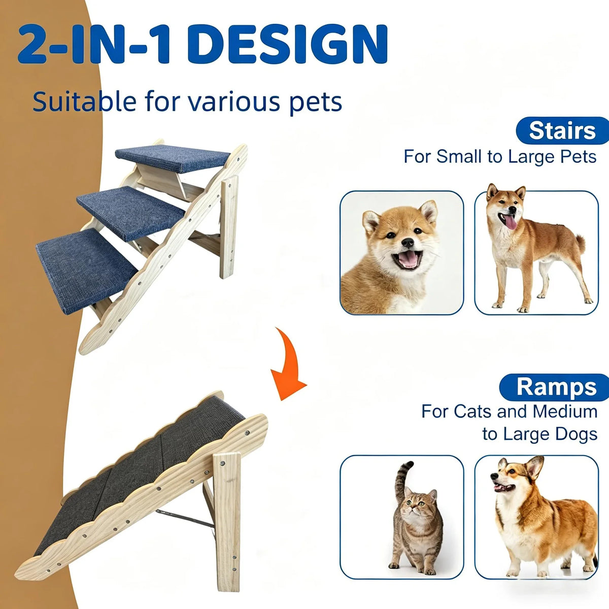 DishyKooker 3 Step Wooden Pet Stairs And Folding Dog Ramp