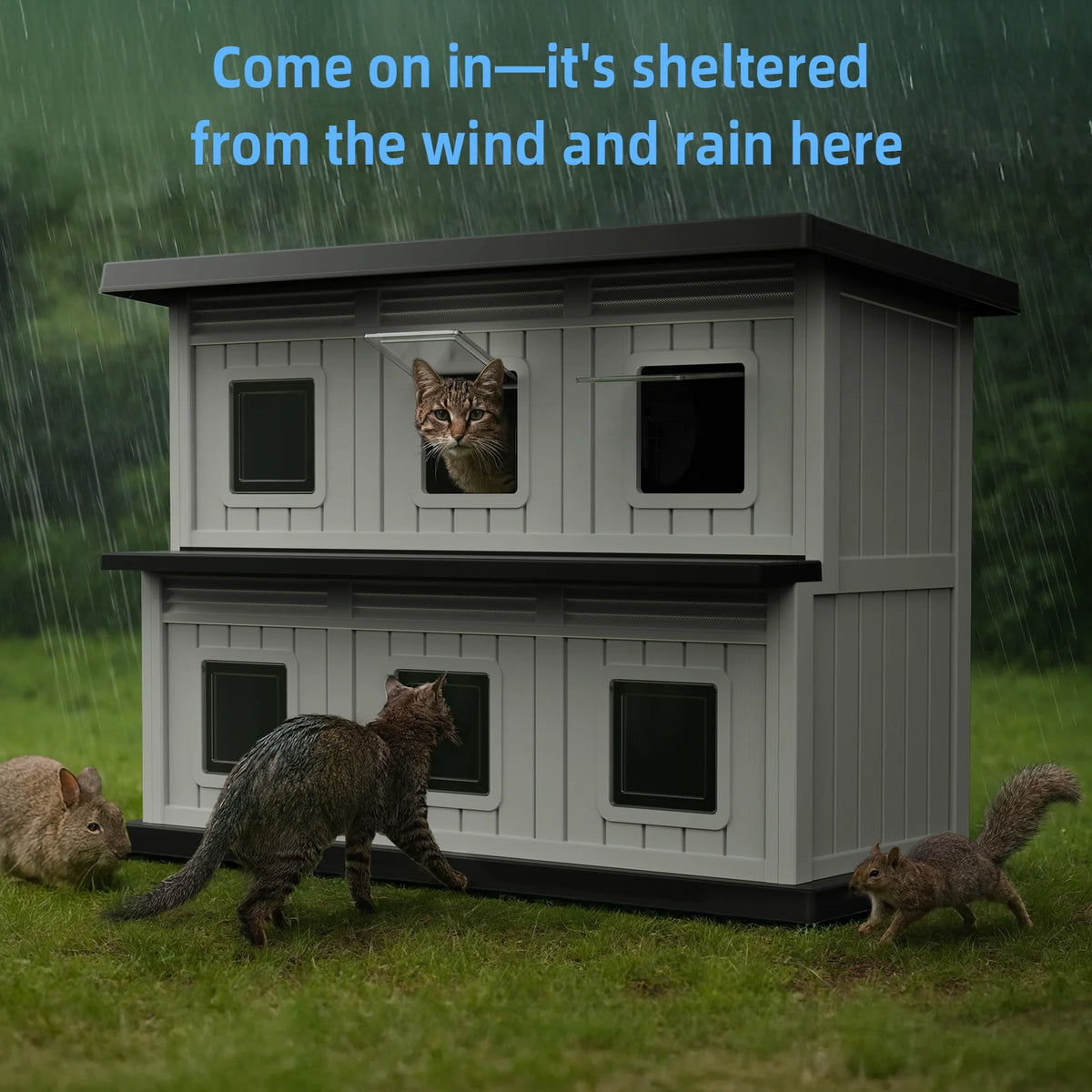 Weatherproof Dual Tier Resin Cat House For Indoor And Outdoor Use
