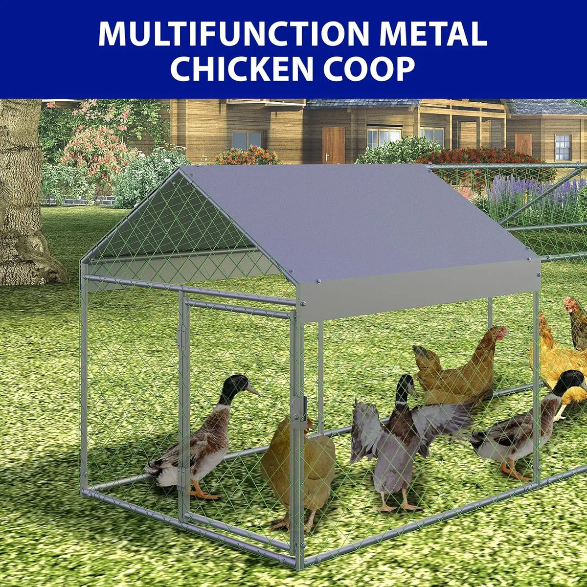HiMISS Portable Metal Chicken Coop With Waterproof Run Cover