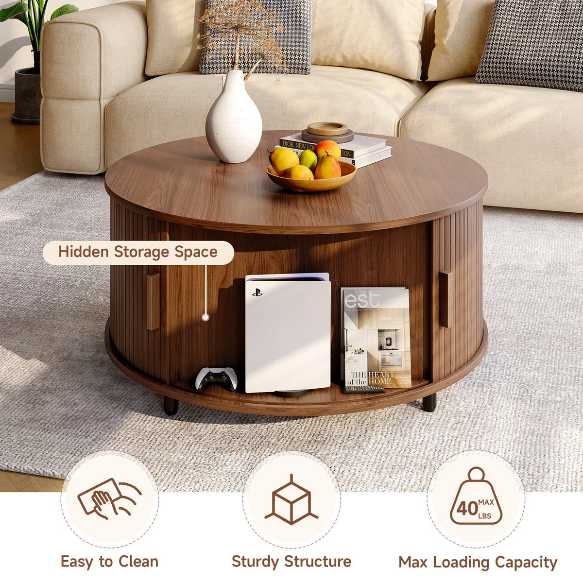 Onbrill Modern Round Coffee Table With Fluted Wood Storage