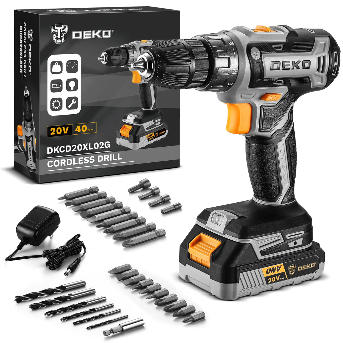 DEKO 20V Cordless Power Drill With Battery And Charger