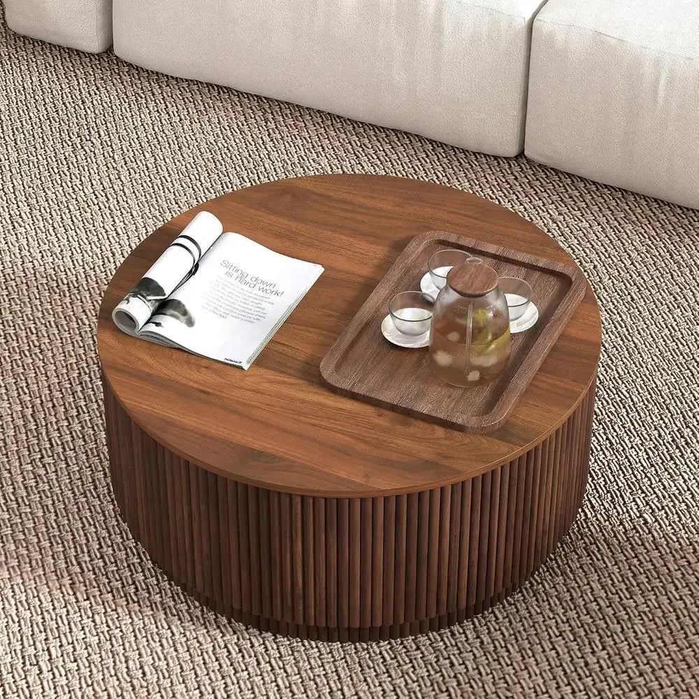 Mid Century Modern Round Wooden Coffee Table With Storage