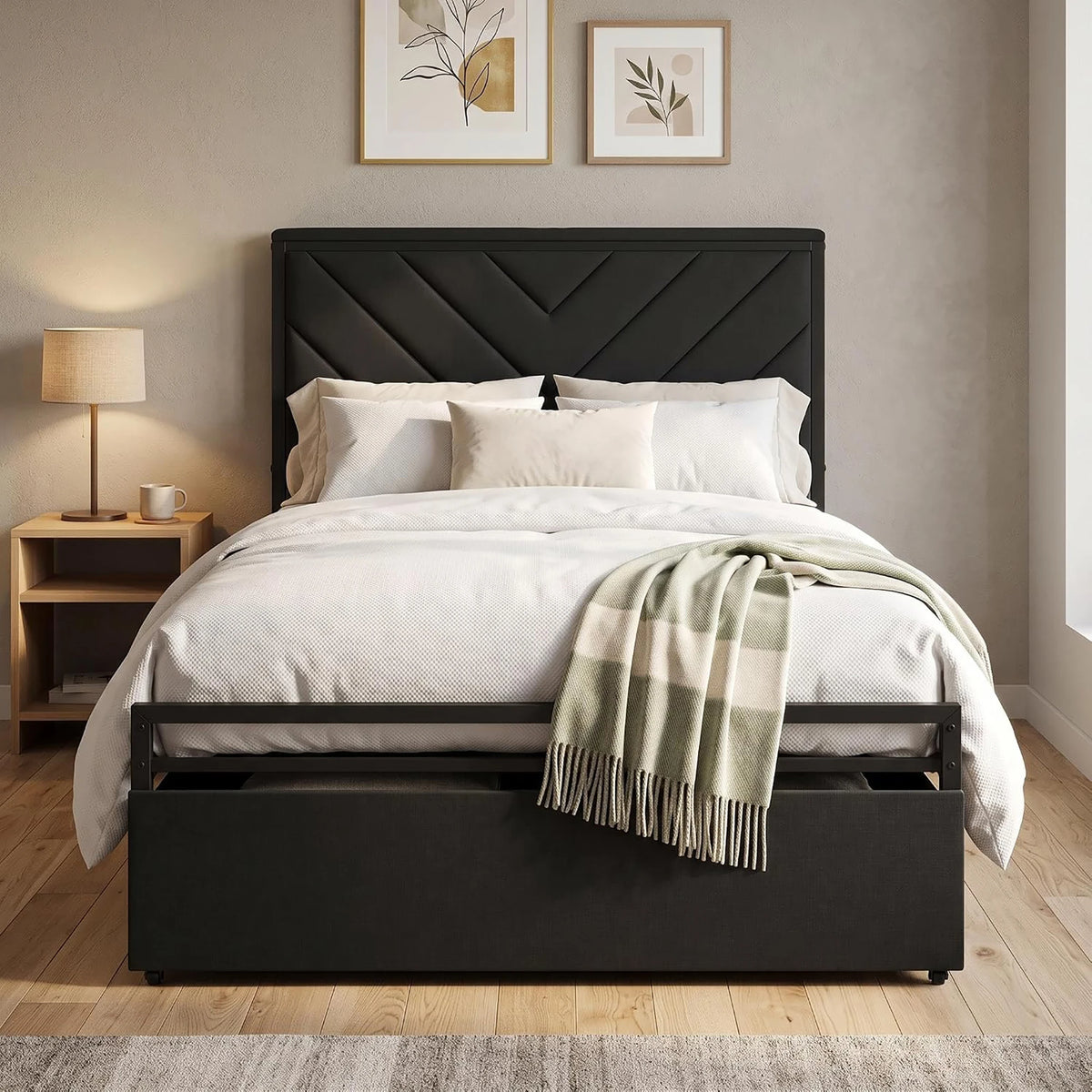 HiMiss Metal Bed Frame With Charging Station Headboard Storage Drawers