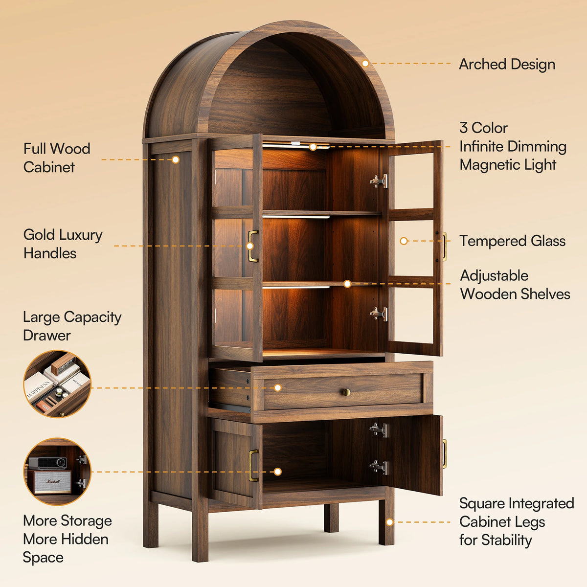 Cottinch Arched Wooden Storage Cabinet With Dimmable Led Shelves