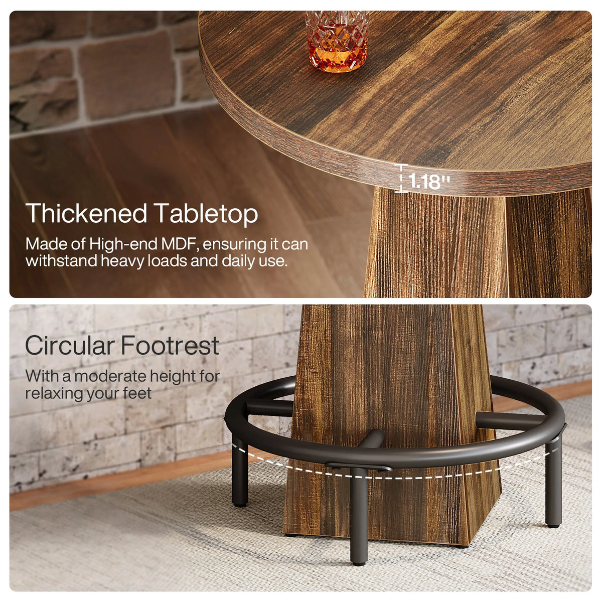 Tribesigns Round Commercial Wood Bar Table With Metal Footrest