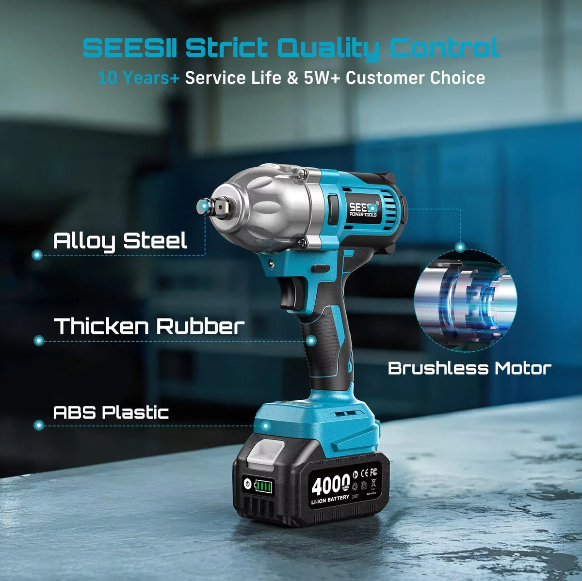 Seesii Brushless Cordless Impact Wrench With Bright LED Light