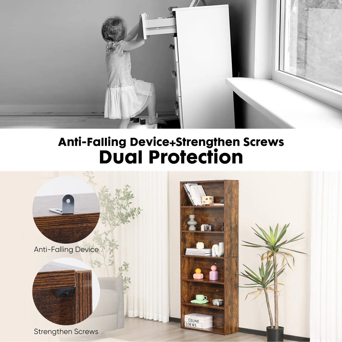 JHK Wooden Bookcase Floor Standing Open Shelf For Living Room