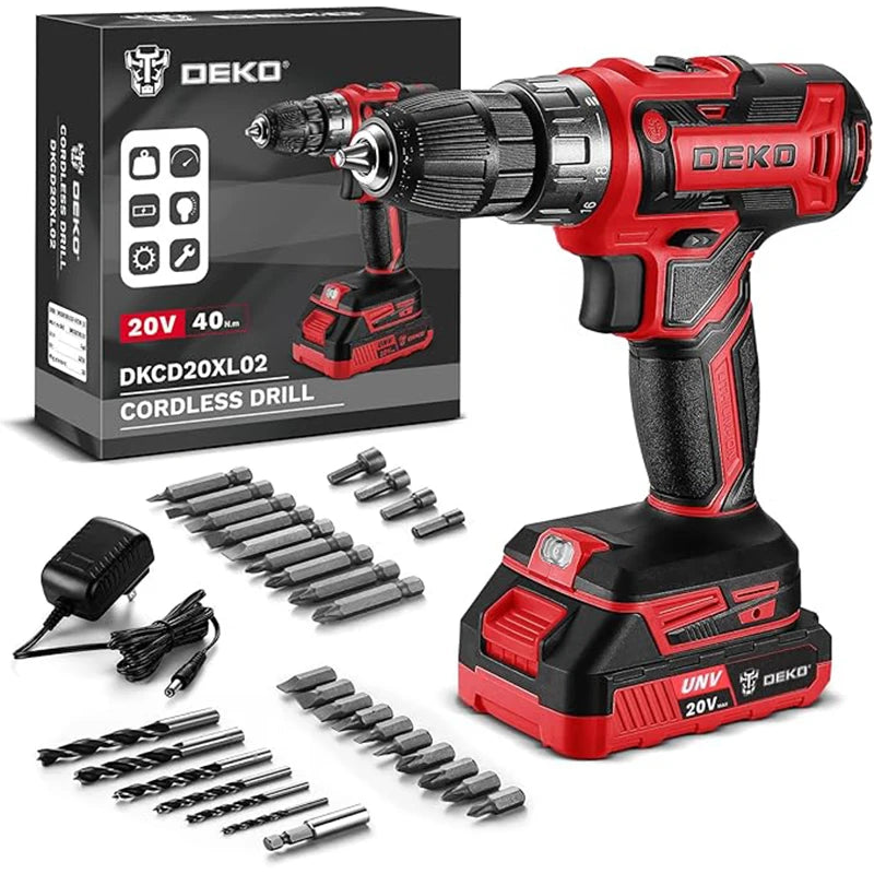 DEKO 20V Cordless Power Drill With Battery And Charger