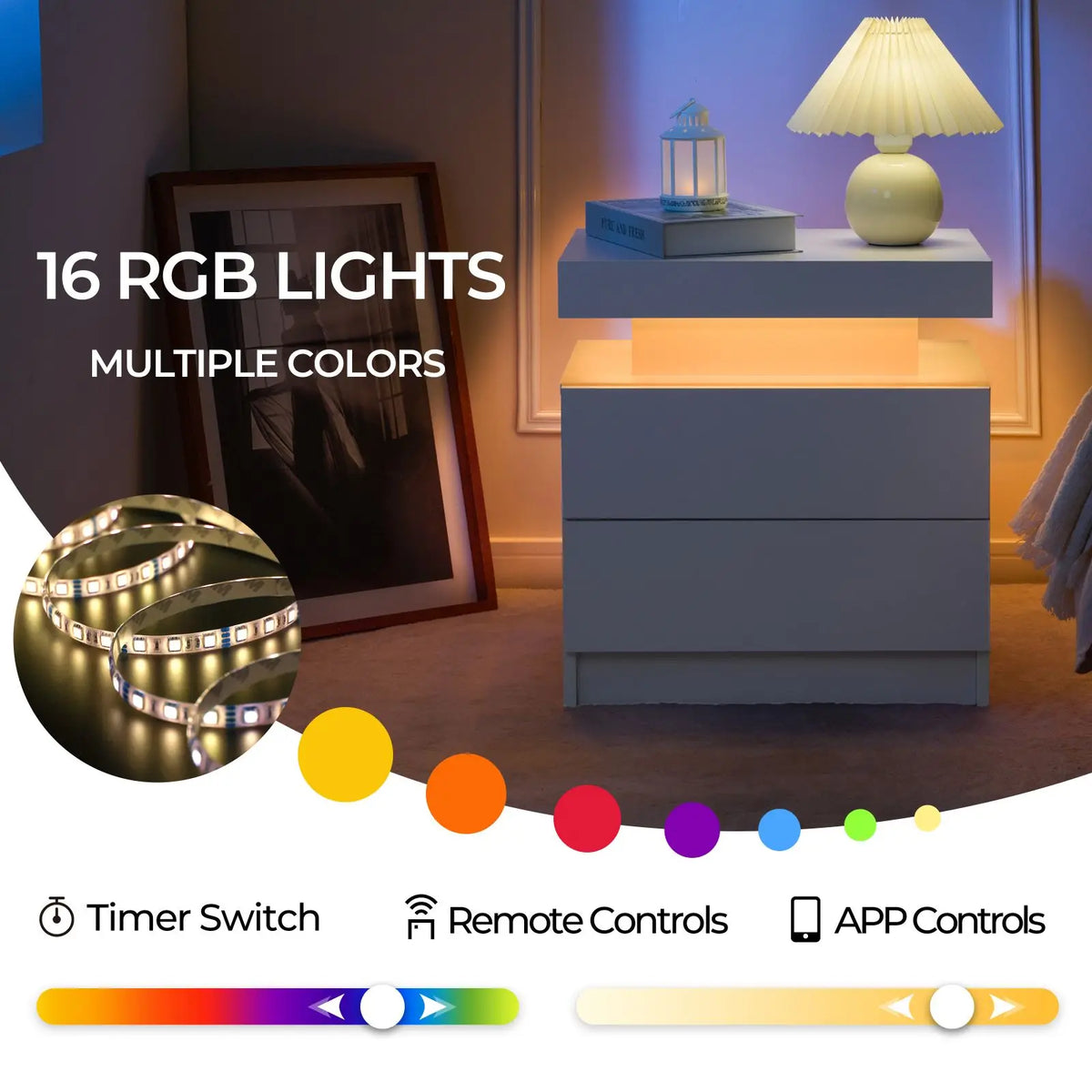 Cubehom LED Nightstand Set With Drawers For Bedroom Modern Minimalist