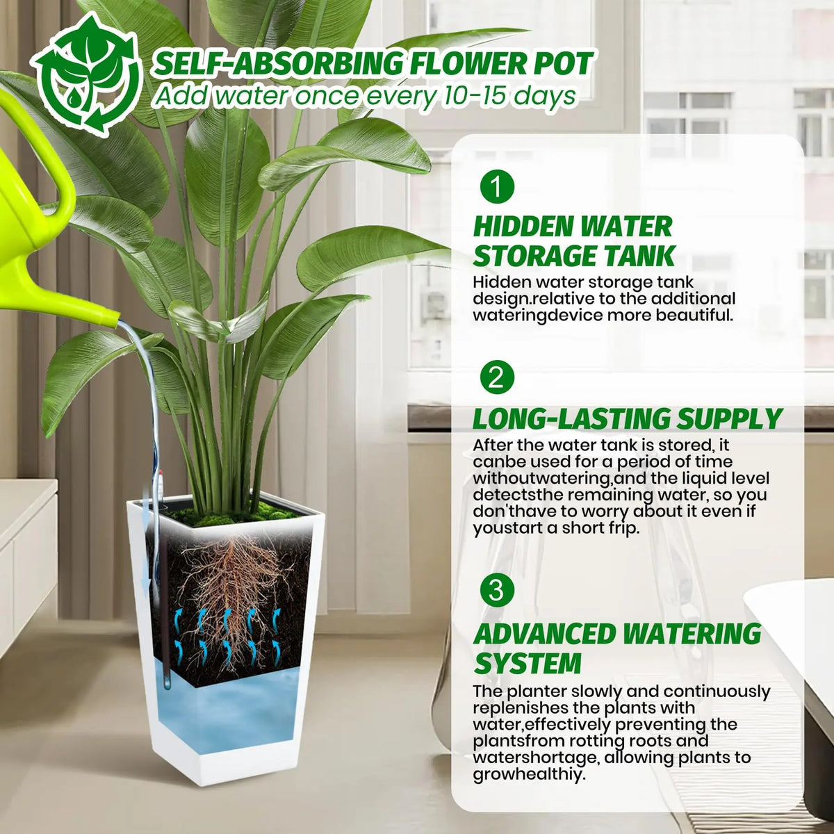 HiMISS Self Watering Planters Set Of 2 With Monitor Bucket
