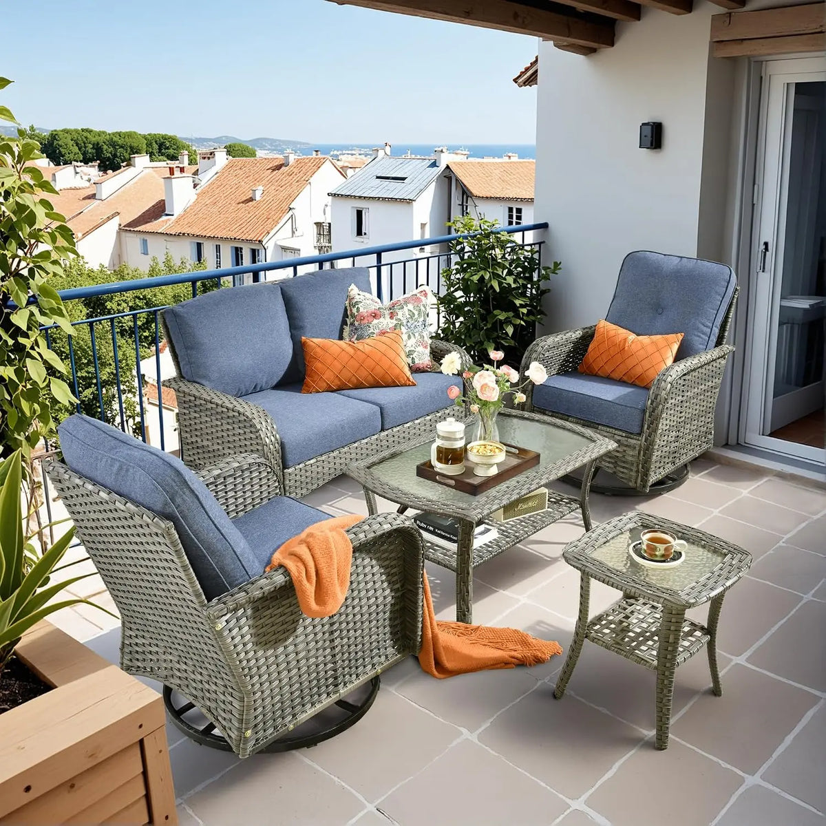 5 Piece Outdoor Wicker Patio Swivel Conversation Sofa Set