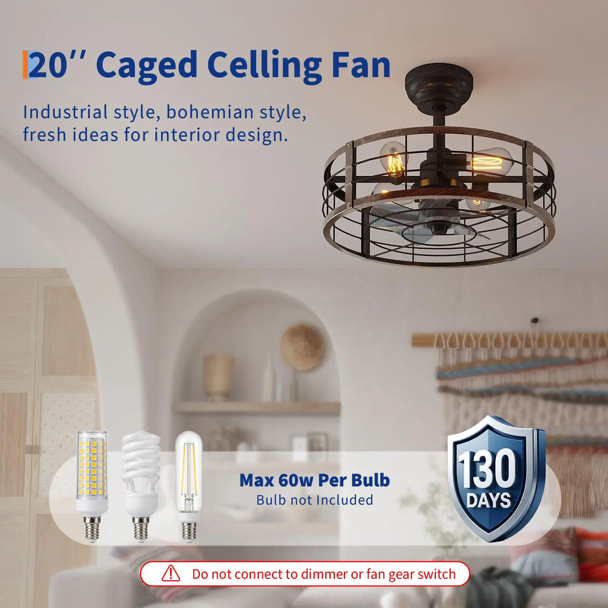 Adoolla 20 Inch Caged Flush Mount Ceiling Fan With Light And Remote
