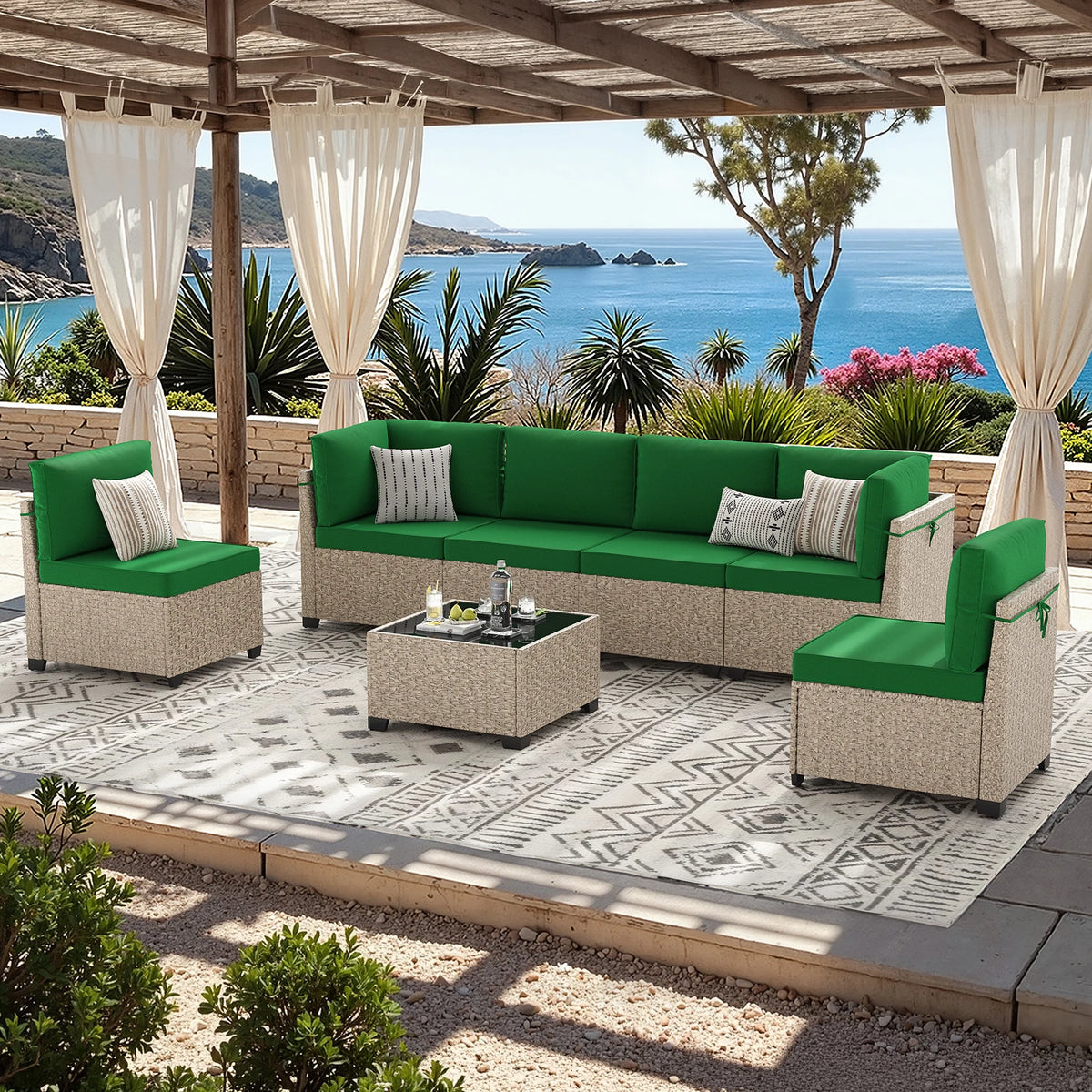 Outdoor Rattan Patio Sectional Sofa Set With Tempered Glass Table