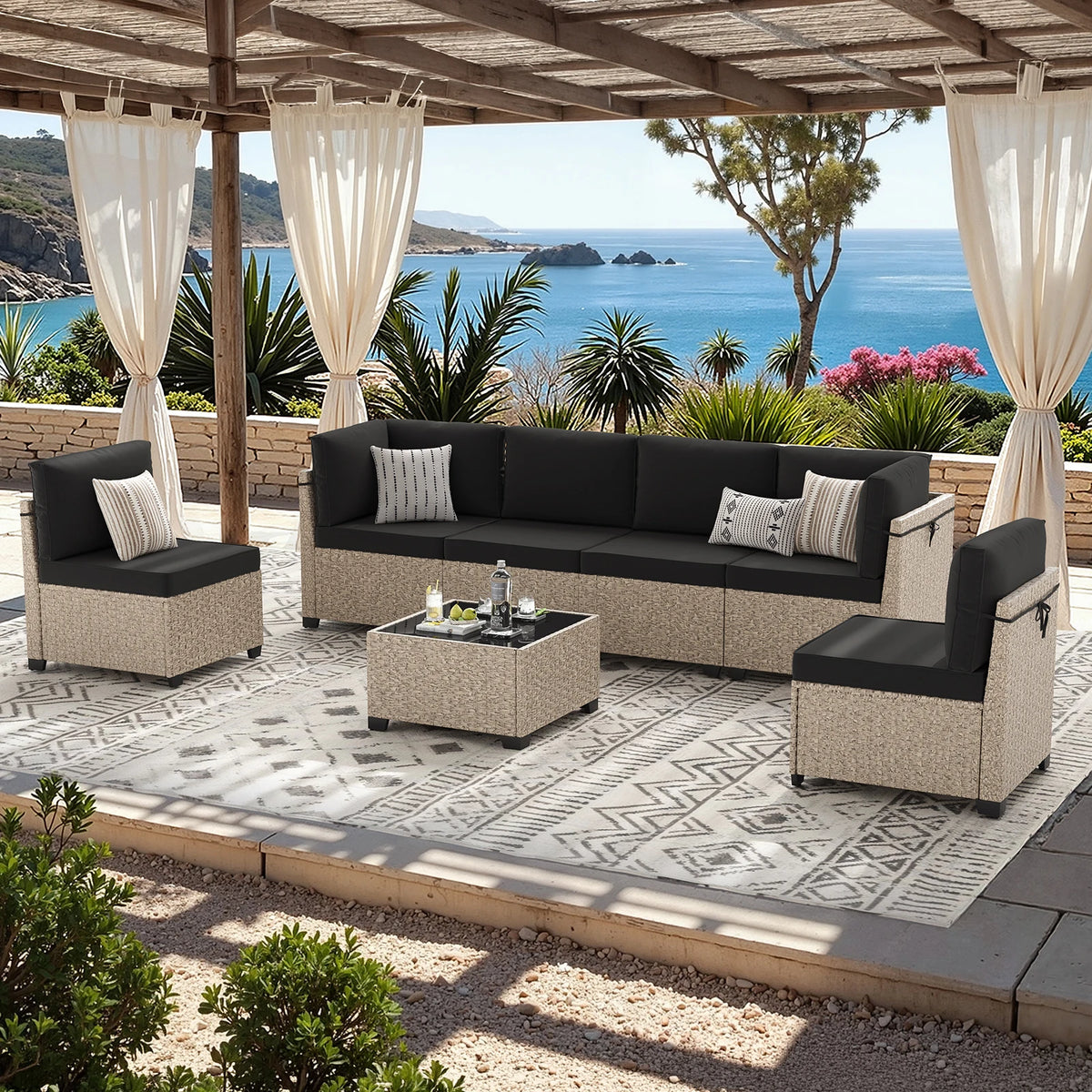 Outdoor Rattan Patio Sectional Sofa Set With Tempered Glass Table