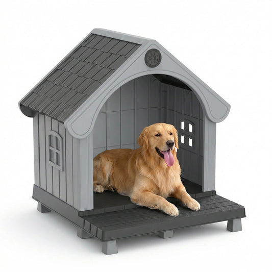 Elevated Resin Dog House Sloped Roof Weatherproof Outdoor Pet Shelter