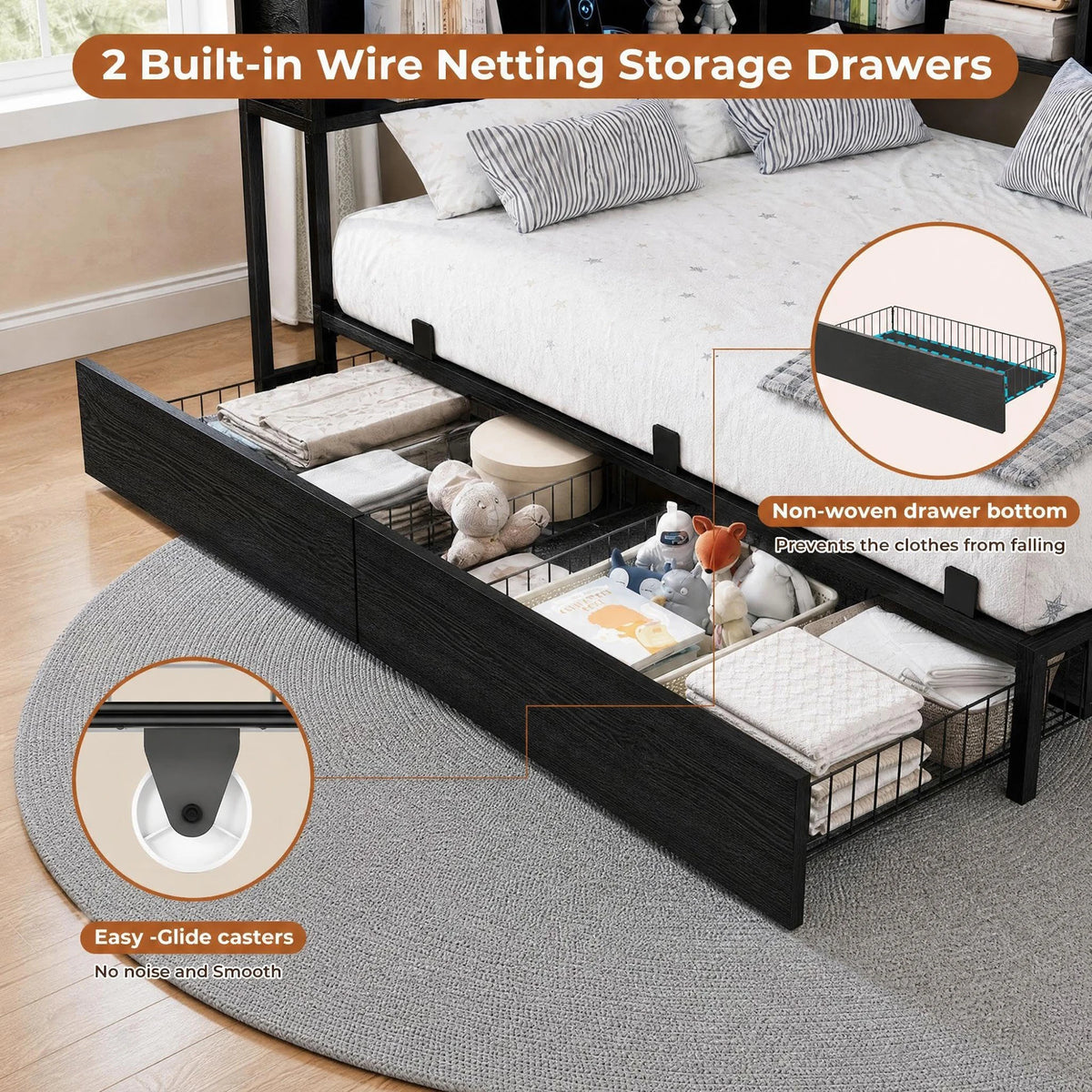 HiMISS Corner Bed Frame With Bookcase Headboard And LED Storage