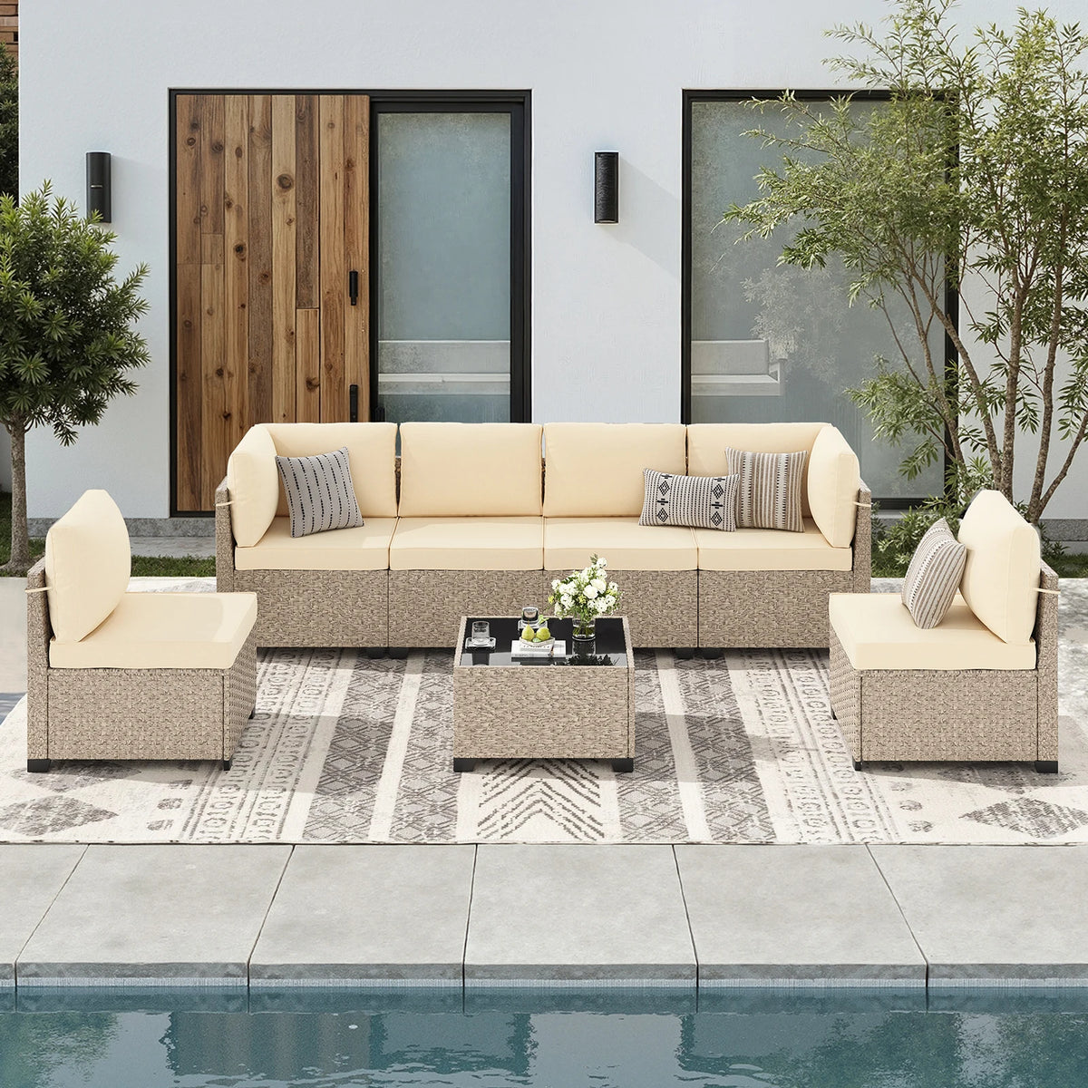 Outdoor Rattan Patio Sectional Sofa Set With Tempered Glass Table