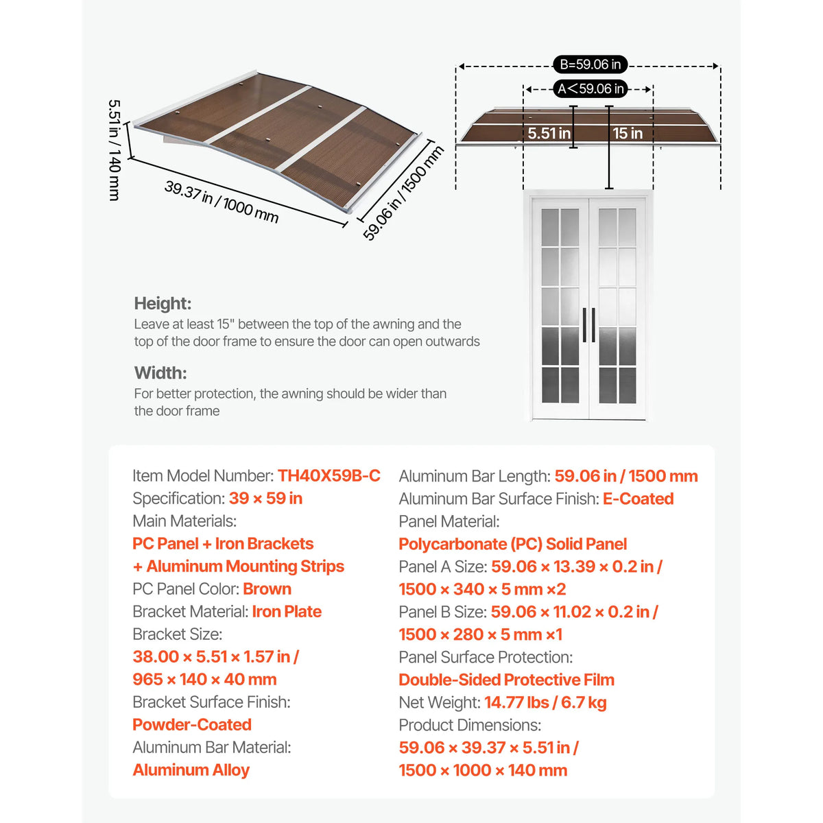 SucceBuy Polycarbonate Door Canopy With Abs Brackets