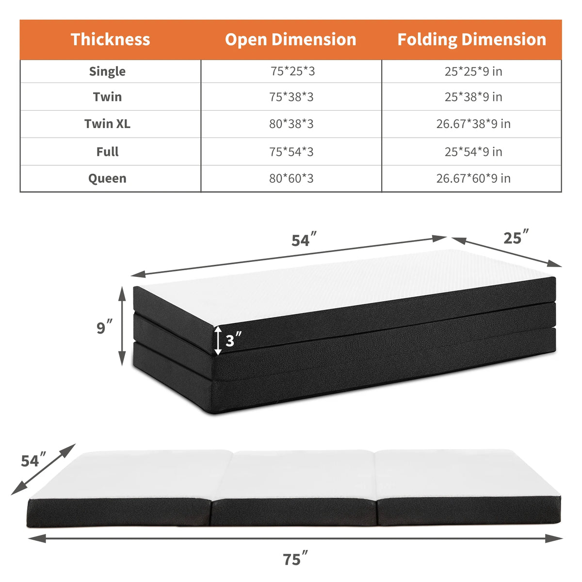 JHK Tri-Fold Memory Foam Mattress With Washable Cover CertiPUR-US Certified